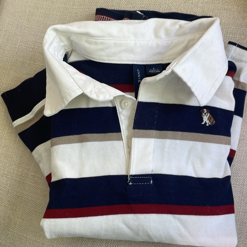 Long sleeve Janie and Jack Rugby striped shirt with dog emblem. Collared shirt. - Picture 2 of 4